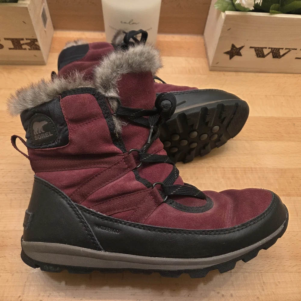 Sorel Tivoli Sport Cattail Boot Maroon Faux Fur Lined Waterproof Womens Size 9.5
